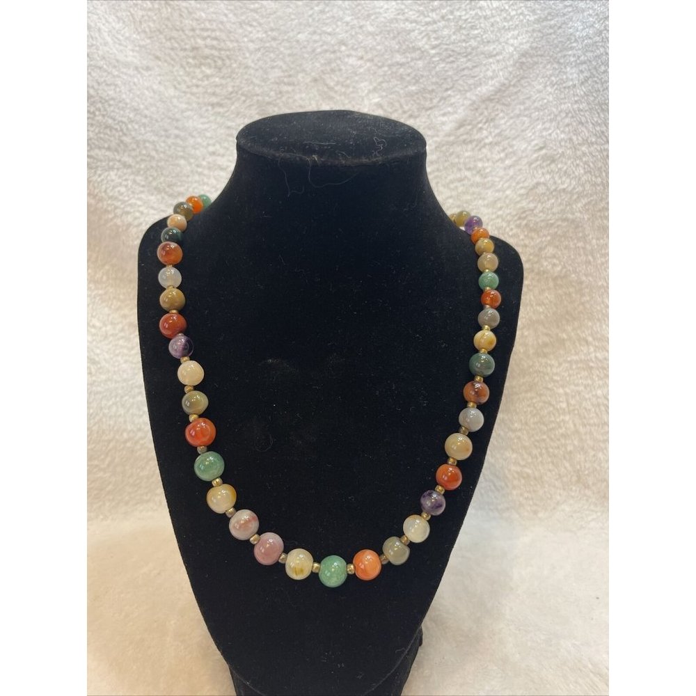 Vintage Gemstone Beaded Necklace LONG 38” screw clasp heavy STUNNING‎